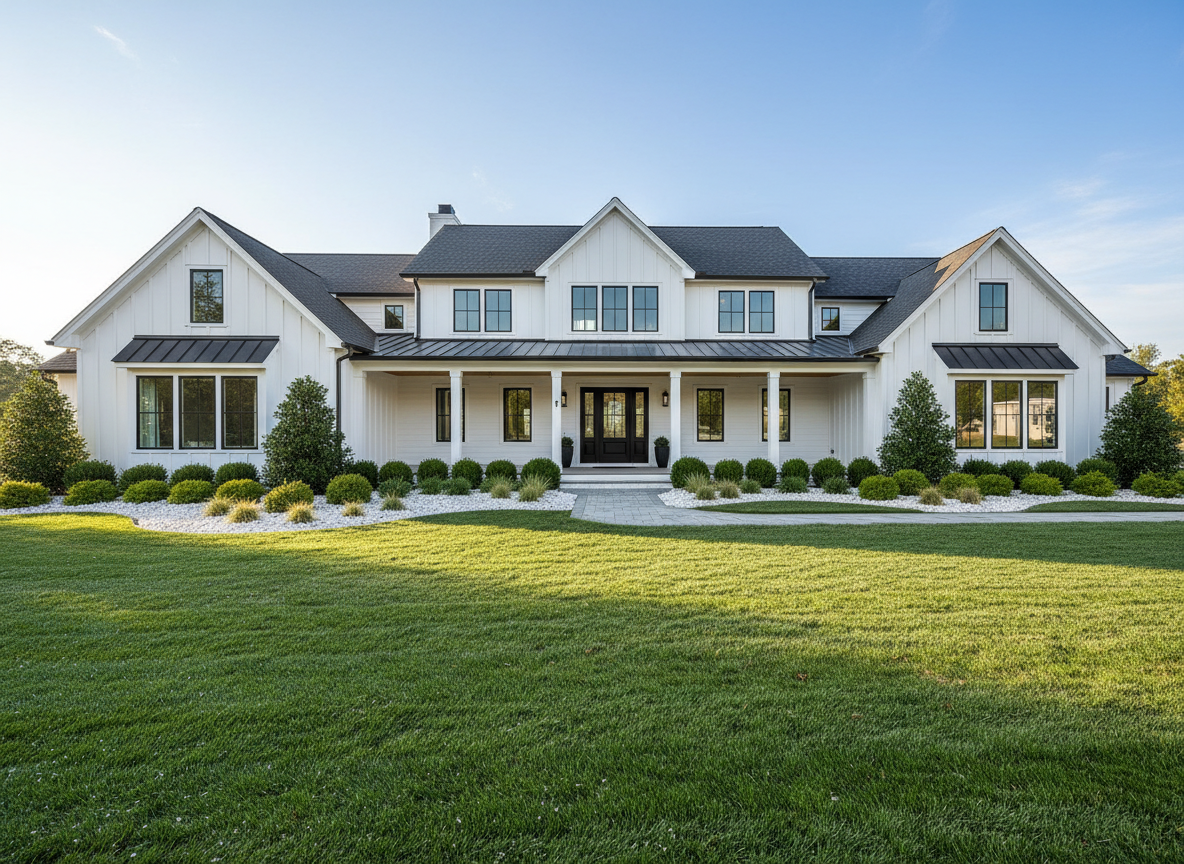 Bright airy daytime photo of a beautiful white modern farmhouse with black-framed windows, lush manicured green lawn, and clean white rock garden beds in front.
